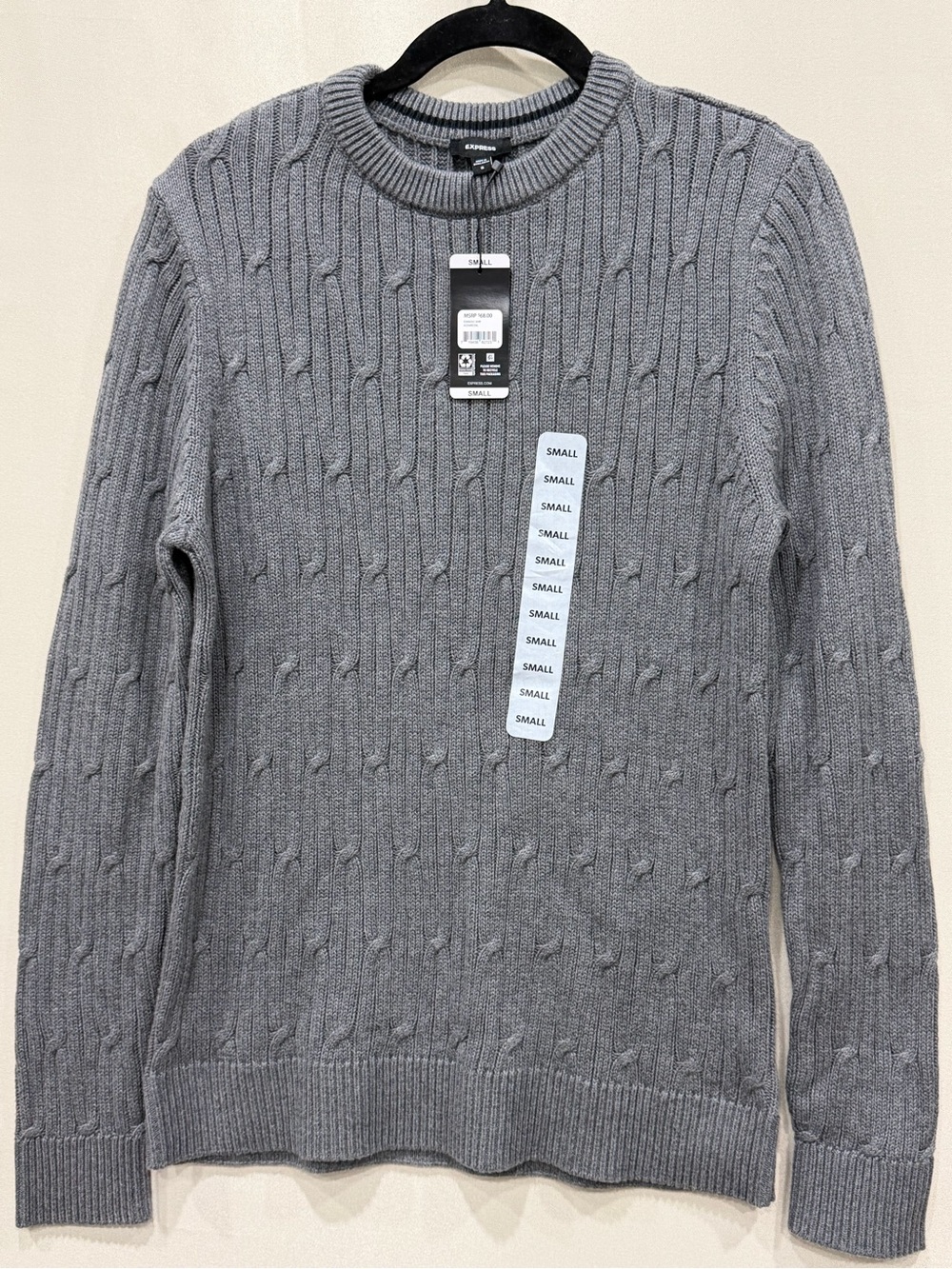 New Express Men's Cable Knit Sweater Gray Crewneck Size Small Cotton NWT B1